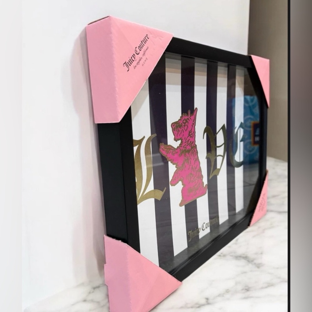 Juicy Couture NWT Juicy Pink Scottie Dog Black White Striped Framed Print - Picture 2 of 9
